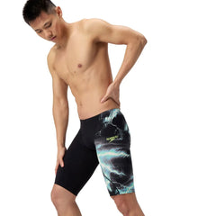Speedo men's Fastskin LZR Ignite jammer in black and electro static design, showcasing a sleek swimwear style for competitive swimming.