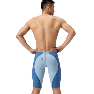 Speedo men's Fastskin LZR Ignite jammer in Nite and Acadia Blue, close-up view of the high-performance swim jammers.