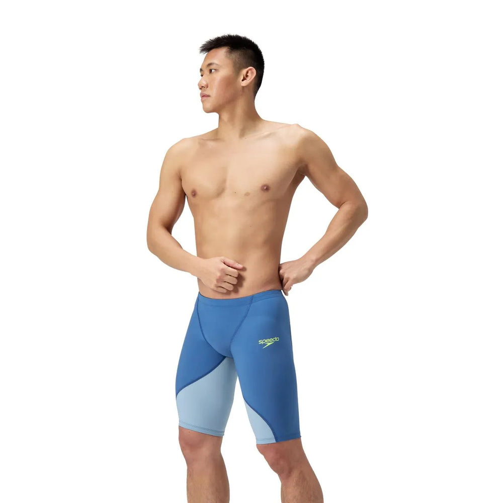 Speedo men's Fastskin LZR Ignite jammer in Nite and Acadia Blue, close-up view highlighting the sleek swimwear design.
