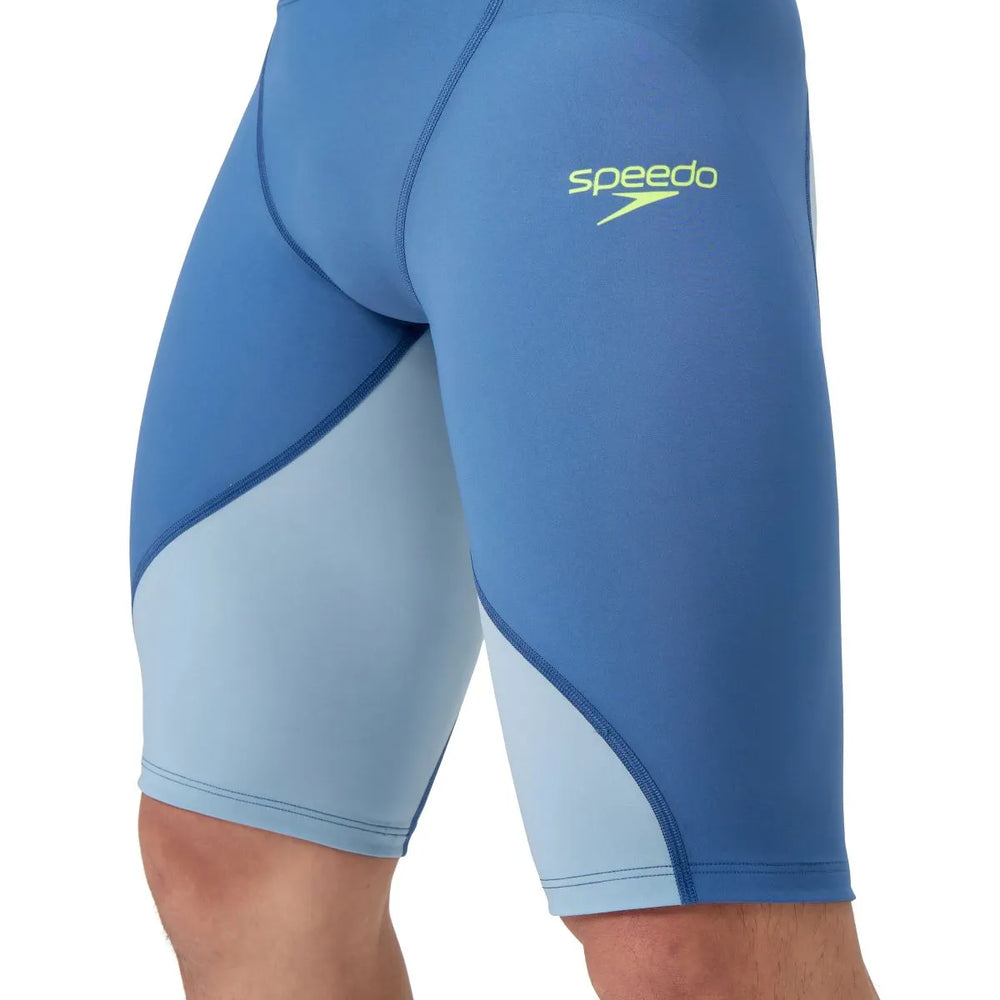 Speedo men's Fastskin LZR Ignite jammer in Nite and Acadia Blue, close-up view of sleek swimwear for competitive swimming.