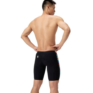 Speedo men's Fastskin LZR Pure Valor 2.0 jammer in black with molten blur pattern for competitive swimming.
