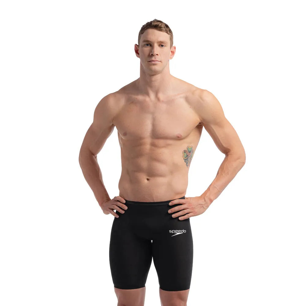 Speedo men's Fastskin LZR Pure Valor 2 black jammer swimming suit for competitive swim training and racing.