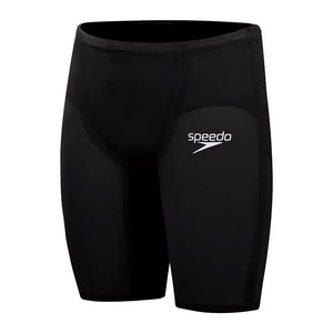 Speedo men's Fastskin LZR Pure Valor 2 black jammer swimwear, close-up of sleek, performance swim jammers for competitive swimming.
