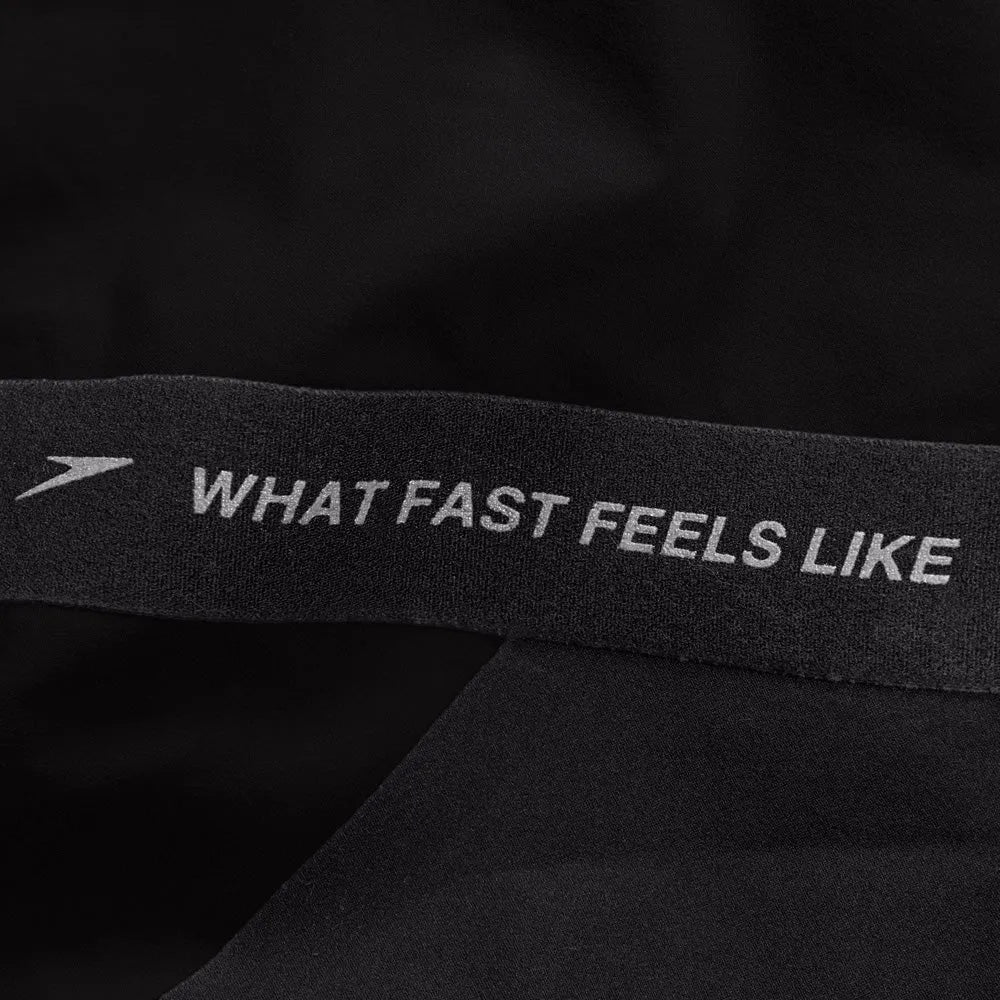 Speedo men's Fastskin LZR Pure Valor 2 black swim jammer, close-up of sleek, fitted swimwear designed for competitive swimming.