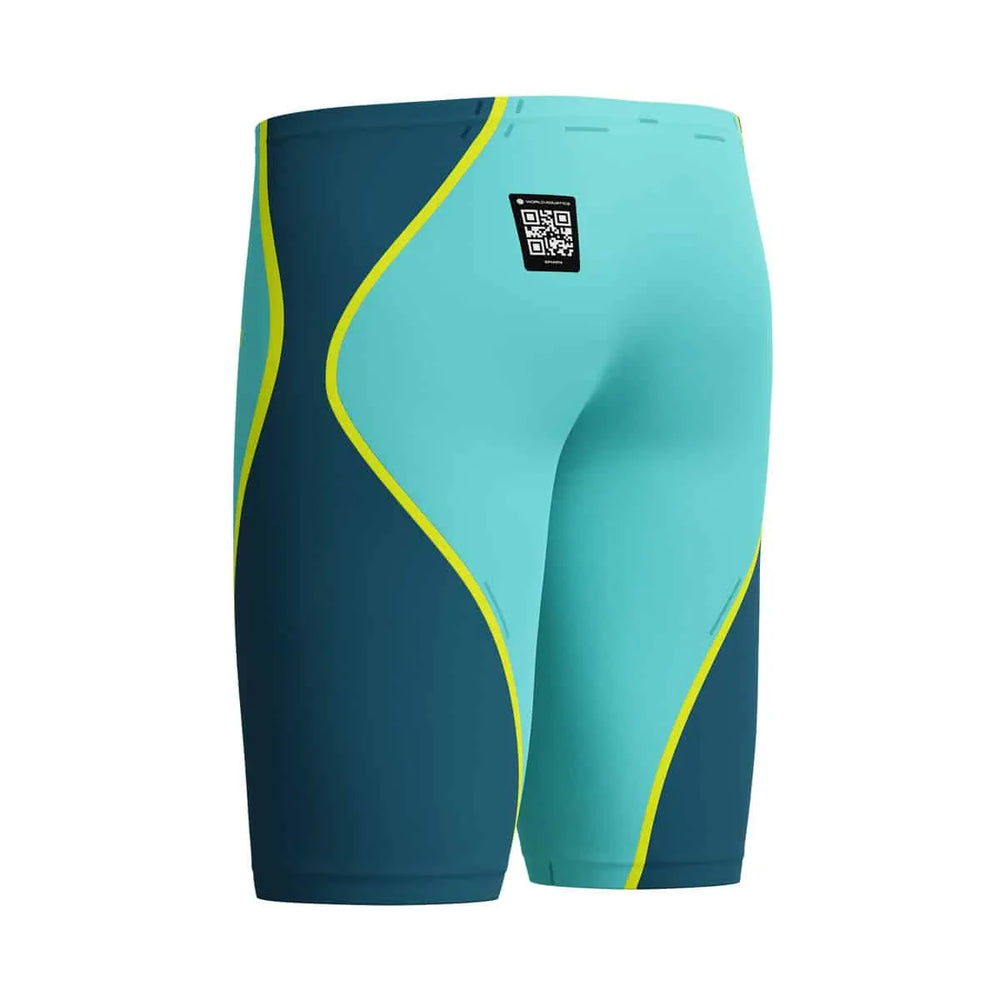 Speedo men's Fastskin LZR Pure Intent 2.0 jammer in Arctic Glass, close-up view of sleek swimwear fabric and design details.