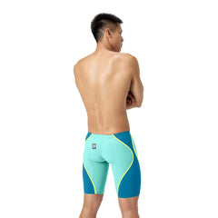 Speedo men's Fastskin LZR Pure Intent 2.0 jammer in Arctic Glass, close-up of sleek, fitted swim jammer fabric and design.