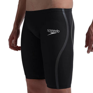 Speedo men's Fastskin LZR Pure Intent 2.0 jammers in black with iridescent accents, designed for competitive swimming.
