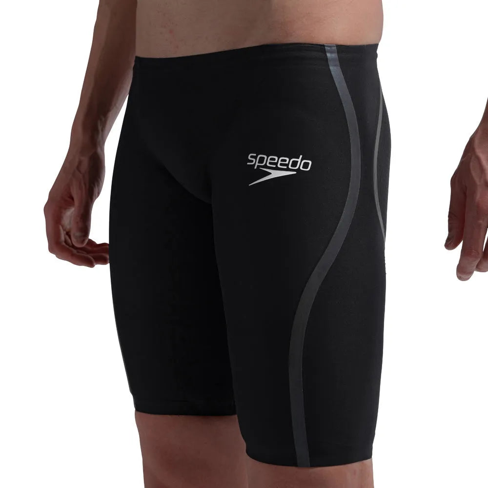 Speedo men's Fastskin LZR Pure Intent 2.0 jammers in black with iridescent accents, designed for competitive swimming.