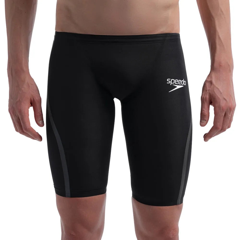 Speedo men's Fastskin LZR Pure Intent 2.0 jammers in black with iridescent accents, designed for competitive swimming.