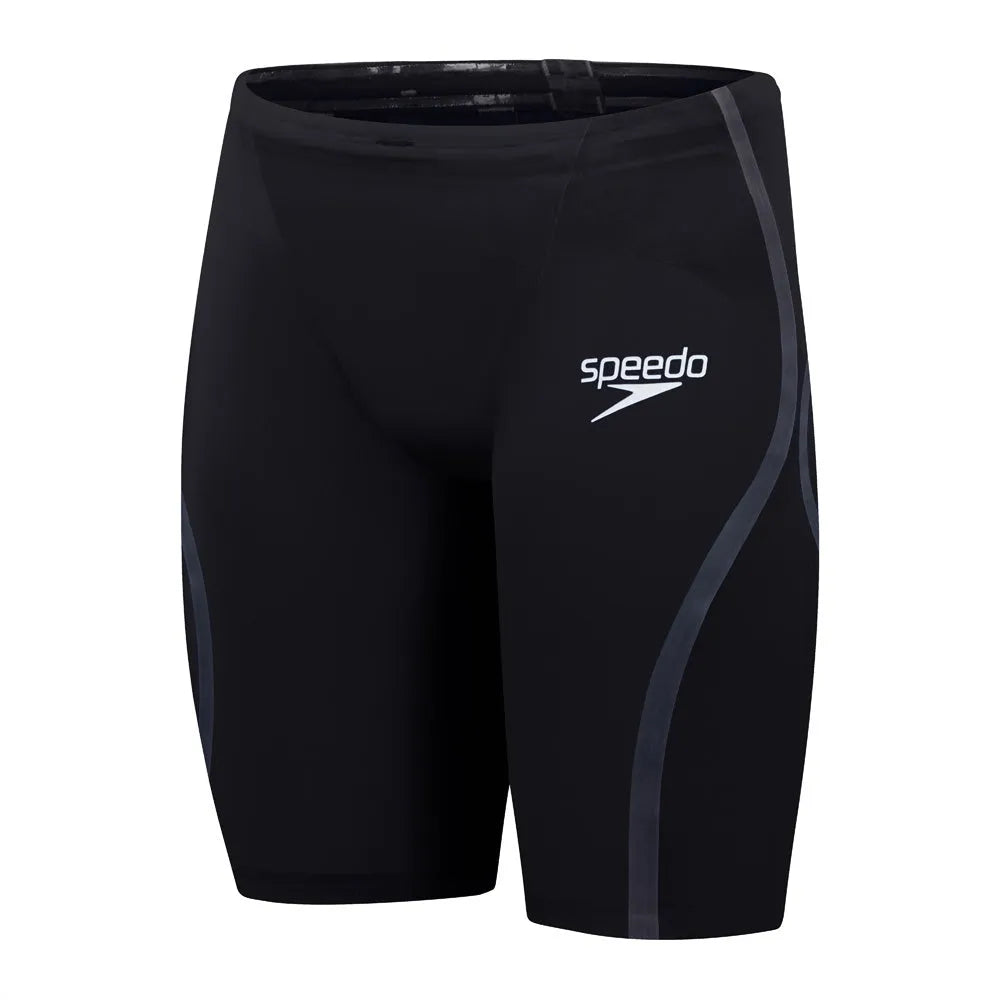 Speedo men's Fastskin LZR Pure Intent 2.0 jammer in black with iridescent accents, designed for competitive swimming.