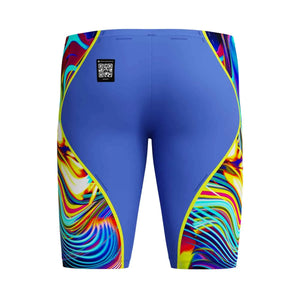 Speedo men's Fastskin LZR Pure Intent 2.0 jammer in dark blue, close-up showing sleek swimwear fabric and design details.