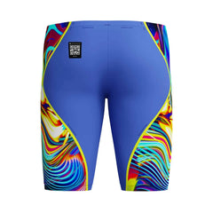 Speedo men's Fastskin LZR Pure Intent 2.0 jammer in dark blue, close-up showing sleek swimwear fabric and design details.