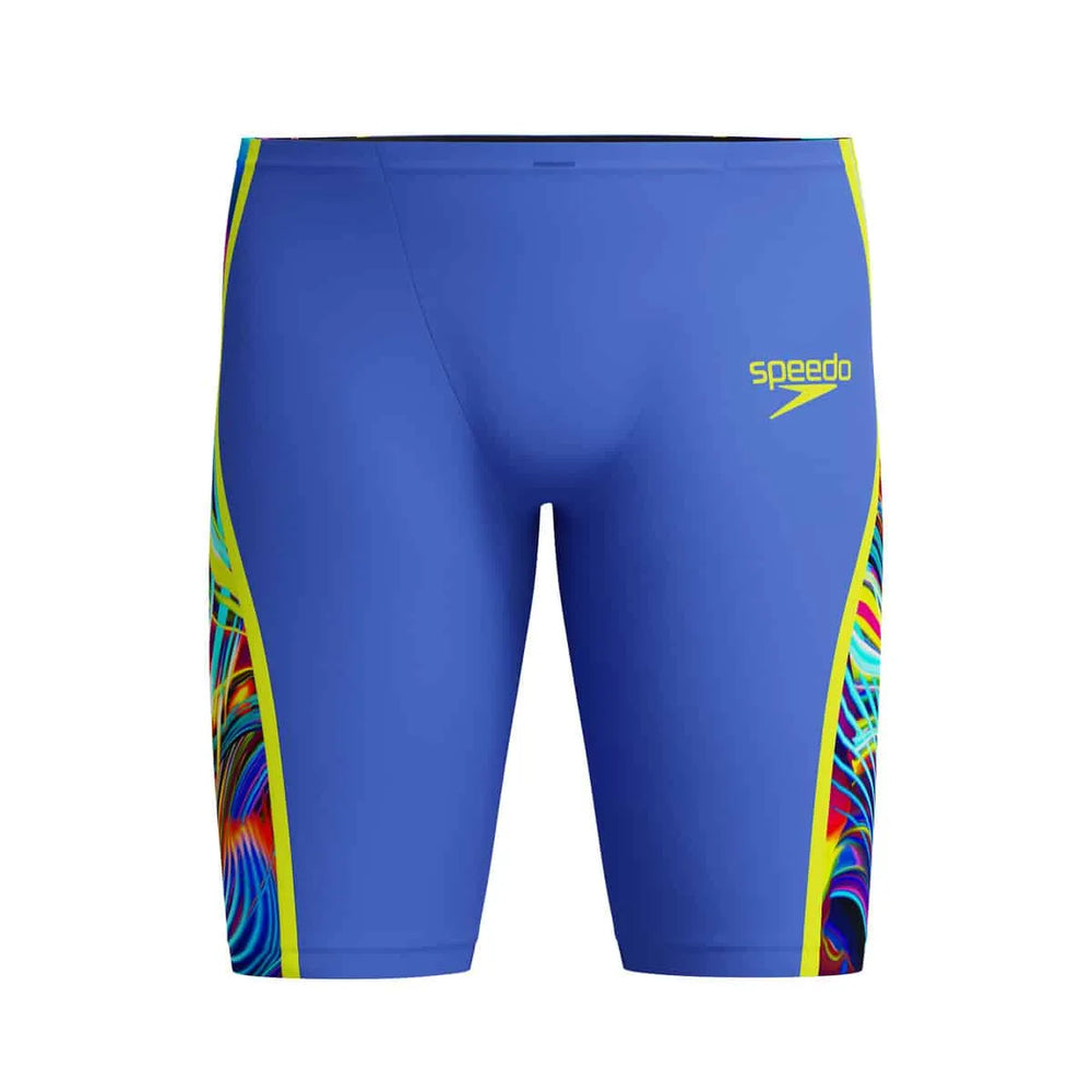 Speedo men's Fastskin LZR Pure Intent 2.0 jammer in dark blue, close-up view of the swimming apparel for competitive swimming.
