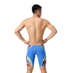 Speedo men's Fastskin LZR Pure Intent 2.0 jammer in dark blue, close-up view of the sleek, fitted swimwear for competitive swimming.