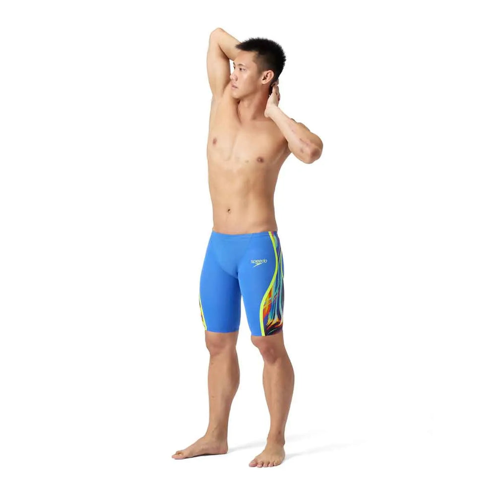 Speedo men's Fastskin LZR Pure Intent 2.0 jammer in dark blue, close-up view of the swimwear fabric and design details