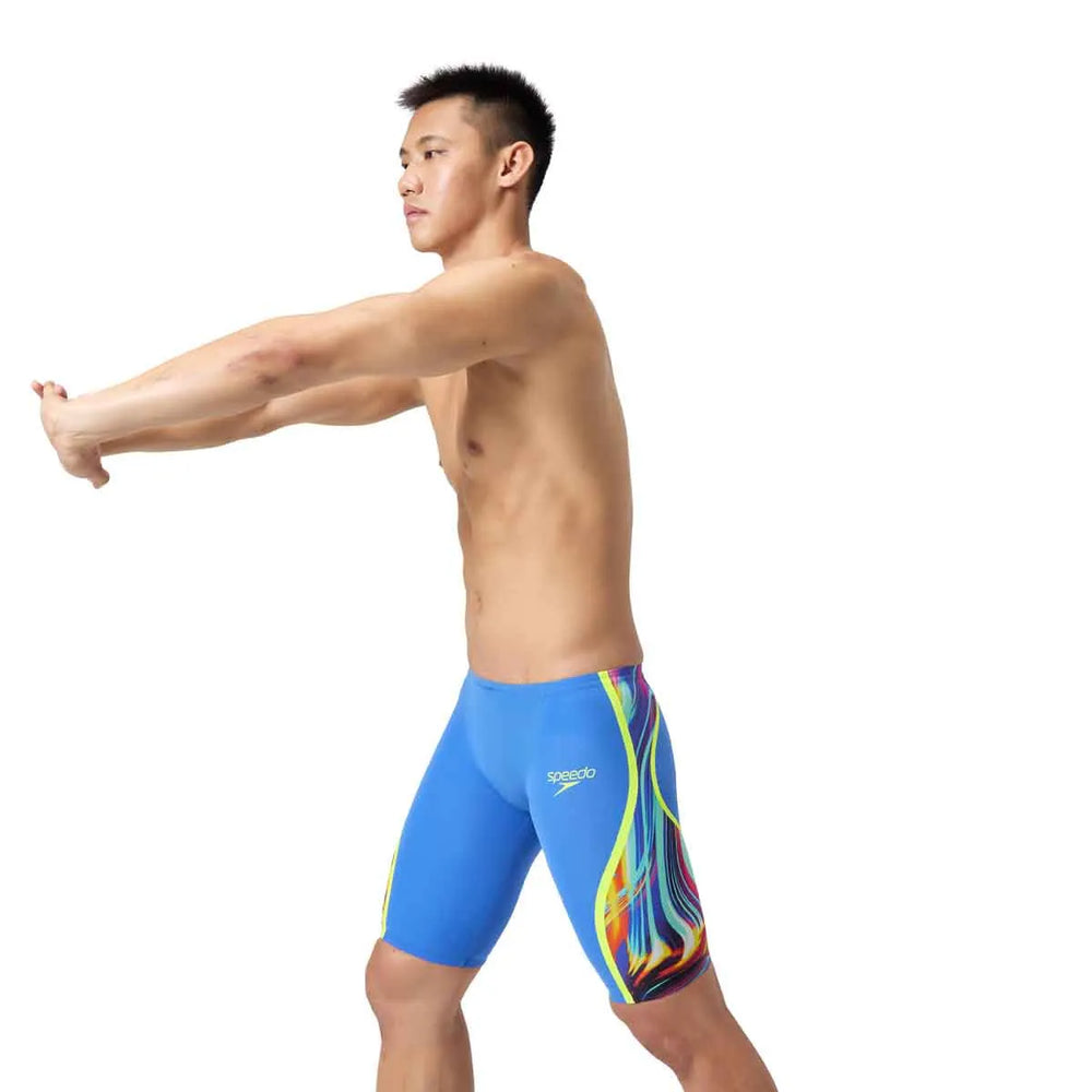 Speedo men's Fastskin LZR Pure Intent 2.0 jammer in dark blue, close-up view of the sleek swimwear fabric and design details.