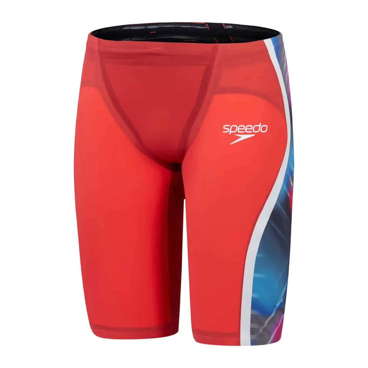 Speedo men's Fastskin LZR Pure Intent 2.0 jammer in flame red, picture blue, and snow reflective colors, designed for competitive swimming.