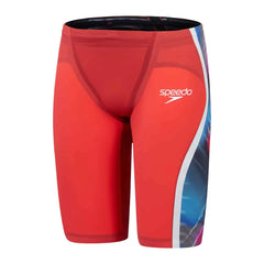 Speedo men's Fastskin LZR Pure Intent 2.0 jammer in flame red, picture blue, and snow reflective colors, designed for competitive swimming.