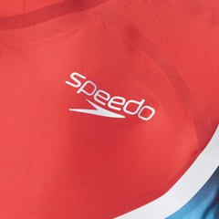 Speedo men's Fastskin LZR Pure Intent 2.0 jammer in flame red, Picton blue, and snow reflective, designed for competitive swimming.