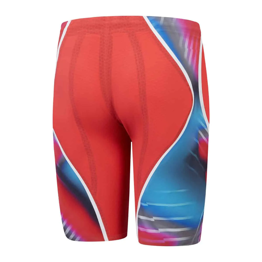 Speedo men's Fastskin LZR Pure Intent 2.0 jammer in flame red, picton blue, and snow reflective with sleek, streamlined design.