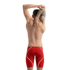 Speedo men's Fastskin LZR Pure Intent 2.0 jammers in flame red and white, designed for competitive swimming.