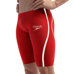 Speedo men's Fastskin LZR Pure Intent 2.0 jammer in flame red and white, designed for competitive swimming.