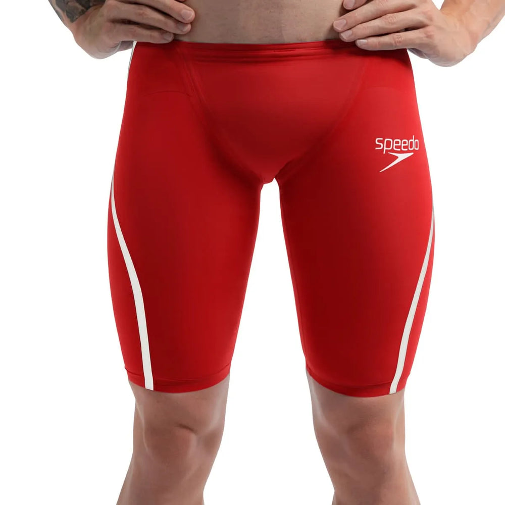 Speedo men's Fastskin LZR Pure Intent 2.0 jammer in flame red and white, designed for competitive swimming.