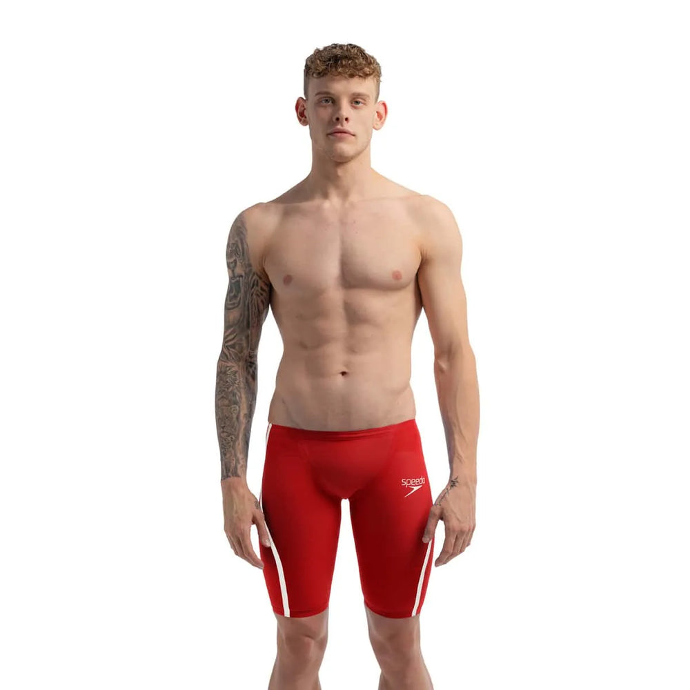 Speedo men's Fastskin LZR Pure Intent 2.0 jammer in flame red and white, close-up of the sleek swimwear fabric and design.