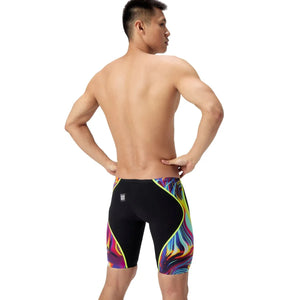 Speedo men's Fastskin LZR Pure Intent 2.0 jammers in black with molten blur and hyper yellow accents, designed for competitive swimming.
