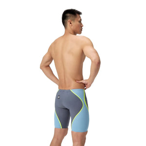 Speedo men's Fastskin LZR Pure Intent 2.0 jammer in grey lead, Acadia blue, and hyper yellow, designed for competitive swimming.