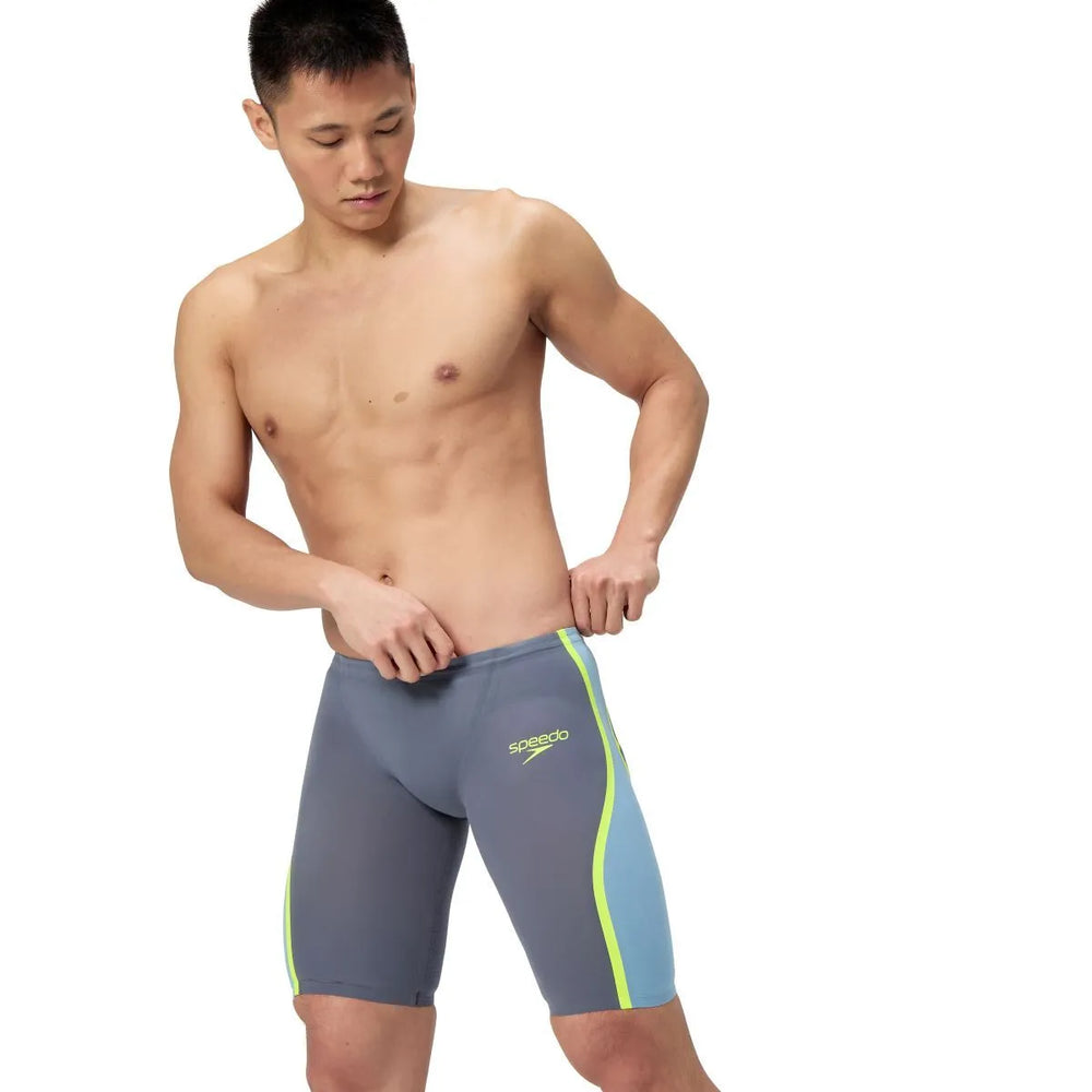 Speedo men's Fastskin LZR Pure Intent 2.0 jammer in grey lead, Acadia blue, and hyper yellow, designed for competitive swimming.