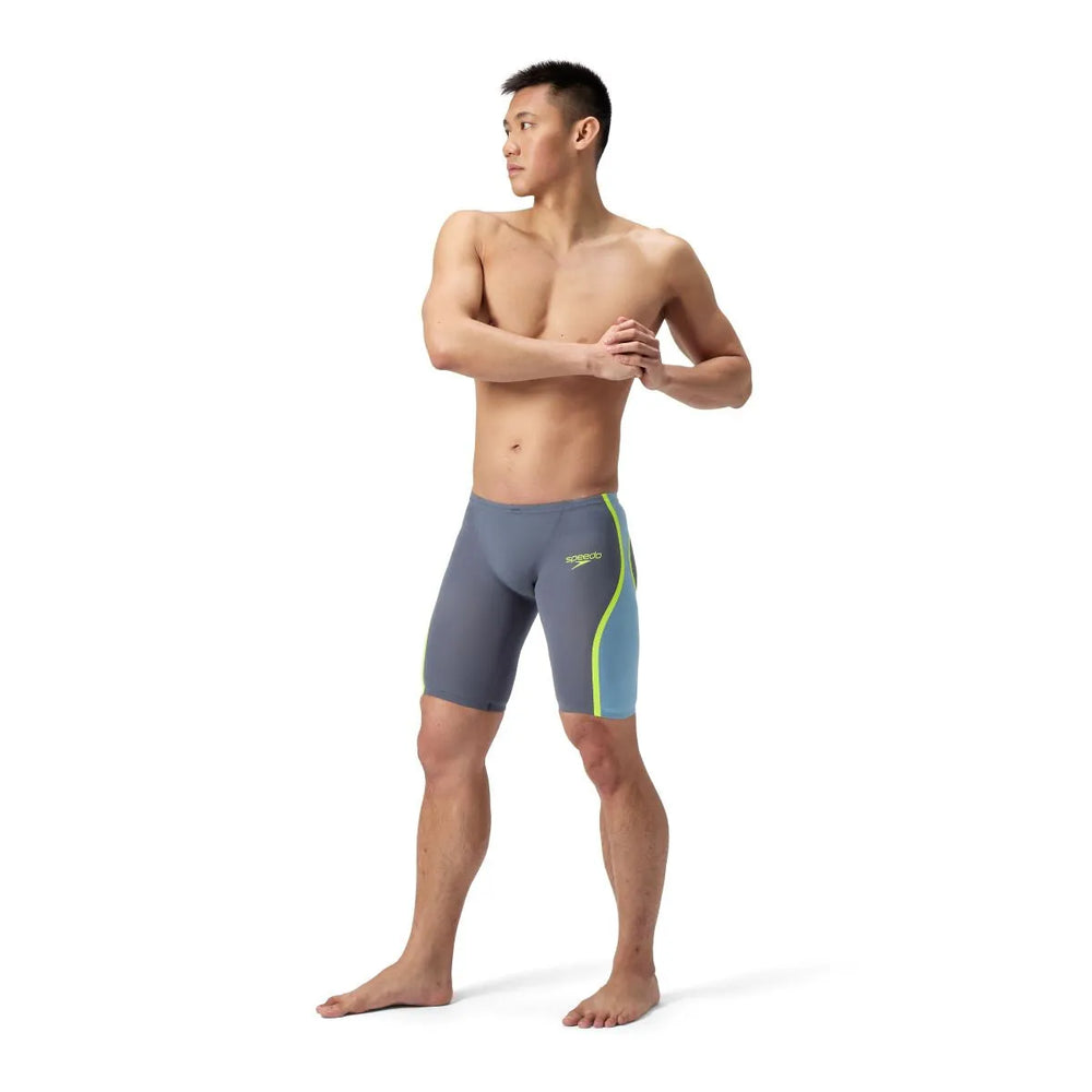 Speedo men's Fastskin LZR Pure Intent 2.0 jammer in grey lead, Acadia blue, and hyper yellow with a sleek swimwear design.