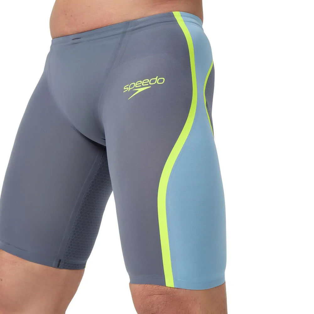 Speedo men's Fastskin LZR Pure Intent 2.0 jammers in grey lead, Acadia blue, and hyper yellow, designed for competitive swimming.