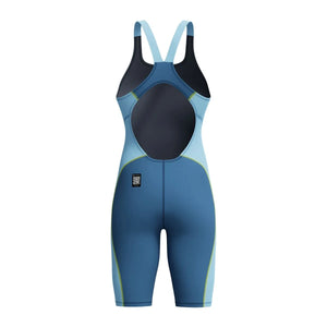 Speedo girls' Fastskin HyperSpark solid openback kneesuit in night and Sevres blue, designed for competitive swimming.