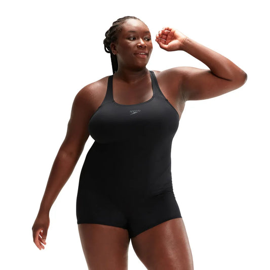 Black Speedo women's Eco Endurance+ legsuit, close-up of sleek, fitted swimwear designed for durability and performance. 1000