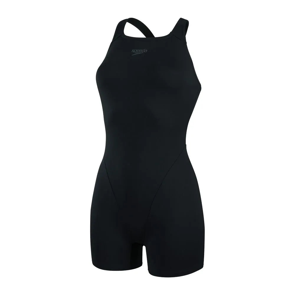 Speedo Women's Eco Endurance+ black legsuit, form-fitting swimwear for women, shown on a model with a sleek design.
