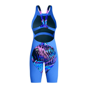 Blue Speedo Womens Fastskin LZR Ignite Kneesuit, high-performance swimwear for women, shown on a model in a pool setting.