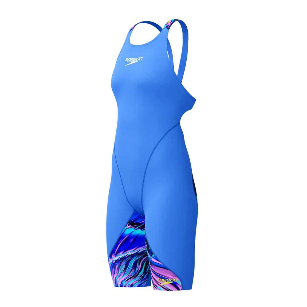 Blue Speedo Women's Fastskin LZR Ignite kneeskin swimsuit, designed for competitive swimming, showing the sleek fit and vibrant color.