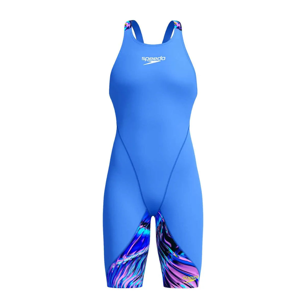 Speedo Women's Fastskin LZR Ignite Blue Kneesuit, form-fitting swimwear designed for competitive swimming, shown on a model.