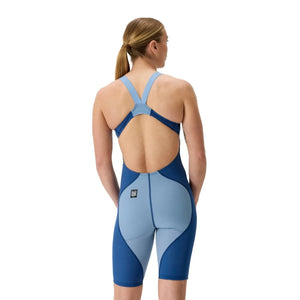 Speedo Women's Fastskin LZR Ignite Kneesuit in Nite and Acadia Blue, sleek swimwear with aerodynamic design for competitive swimming.