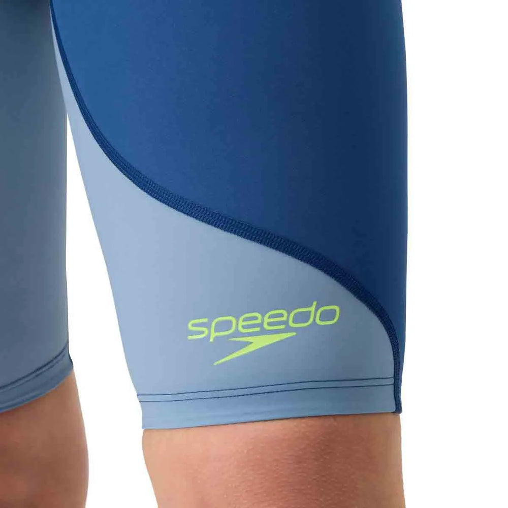 Speedo Women's Fastskin LZR Ignite kneeskin in Nite and Acadia Blue, close-up of sleek, high-performance swimsuit fabric.