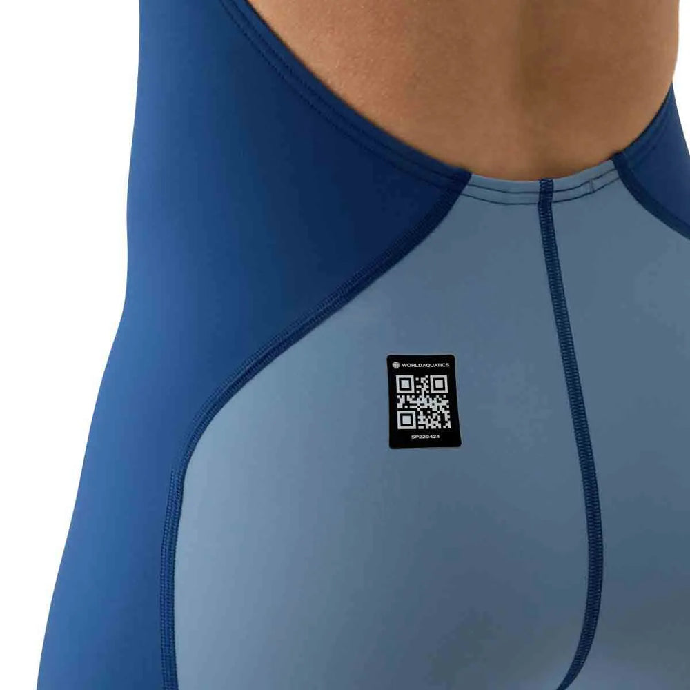 Speedo Women's Fastskin LZR Ignite Kneeskin swimsuit in Nite and Acadia Blue, close-up showing sleek fabric and design details.