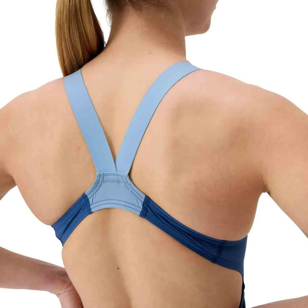 Speedo Women's Fastskin LZR Ignite Kneeskin in Nite and Acadia Blue, close-up of sleek blue competitive swimsuit for women.