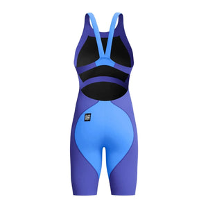 Speedo Women's Fastskin LZR Ignite purple kneesuit, close-up view showing sleek fabric and fit for competitive swimming.
