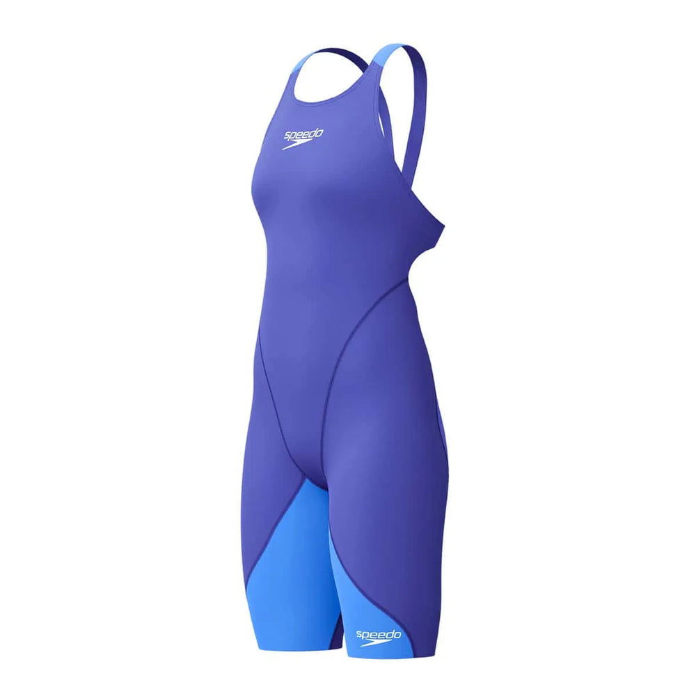 Speedo Women's Fastskin LZR Ignite purple kneeskin, close-up view of sleek, fitted swimwear designed for competitive swimming.
