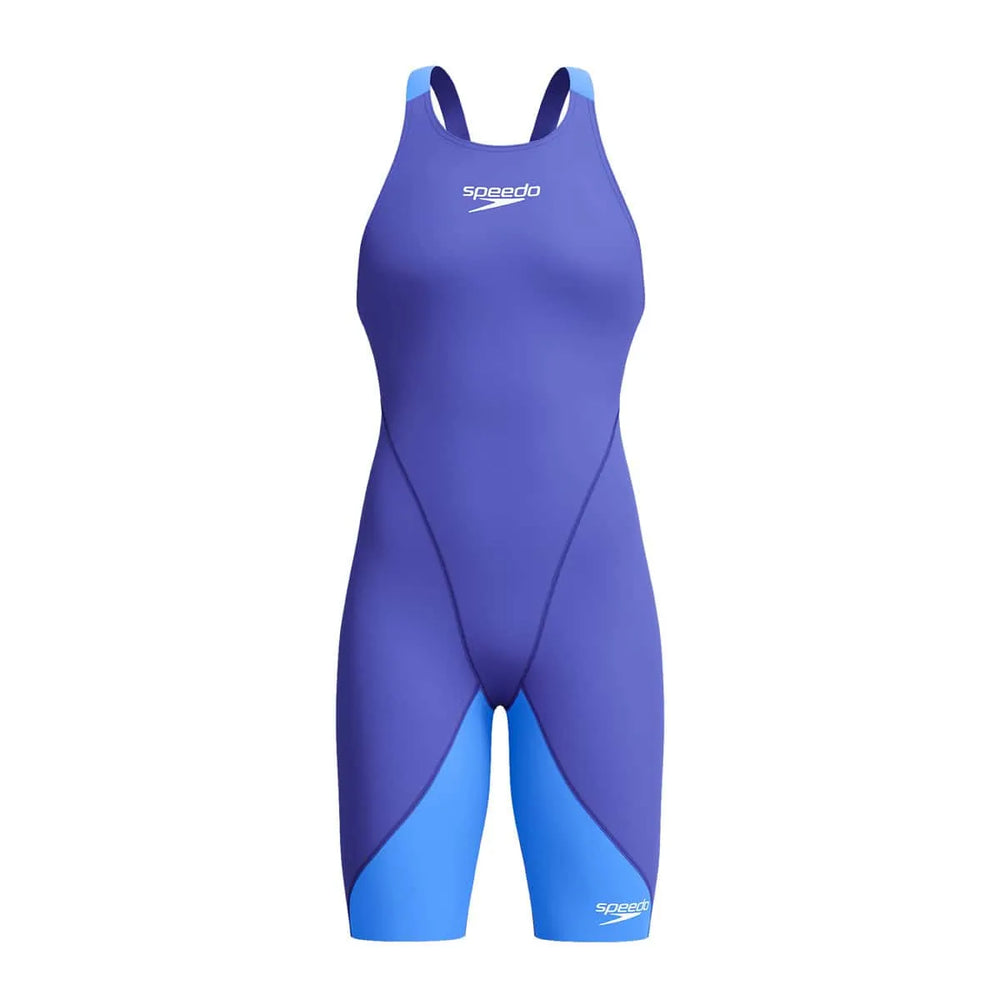 Speedo Women's Fastskin LZR Ignite purple kneeskin swimsuit for competitive swimming, close-up of the fitted fabric and sleek design.