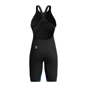 Speedo Women's Fastskin LZR Pure Valor 2.0 openback kneesuit in black with molten blur design, designed for competitive swimming.