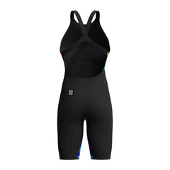 Speedo Women's Fastskin LZR Pure Valor 2.0 openback kneesuit in black with molten blur design, designed for competitive swimming.