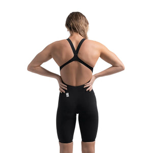 Speedo Women's Fastskin LZR Pure Valor 2 openback kneeskin in black, designed for competitive swimming with a sleek fit.