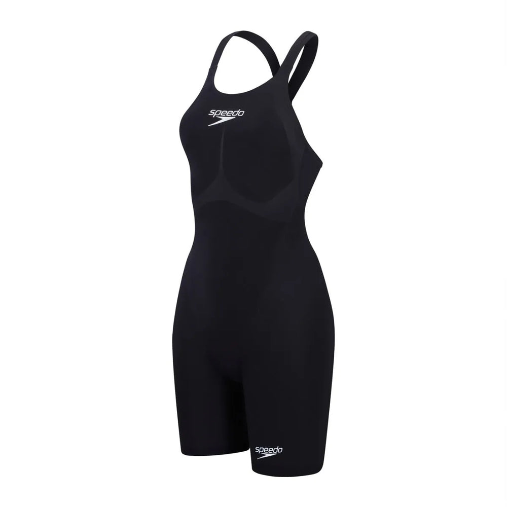 Black Speedo Women's Fastskin LZR Pure Valor 2 openback kneesuit, sleek design for competitive swimming.